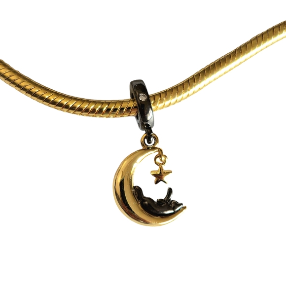Sterling Silver Black & Gold Cat & Cresent Moon Dangle Pendant Bracelet Charm - Picture 3 of 6